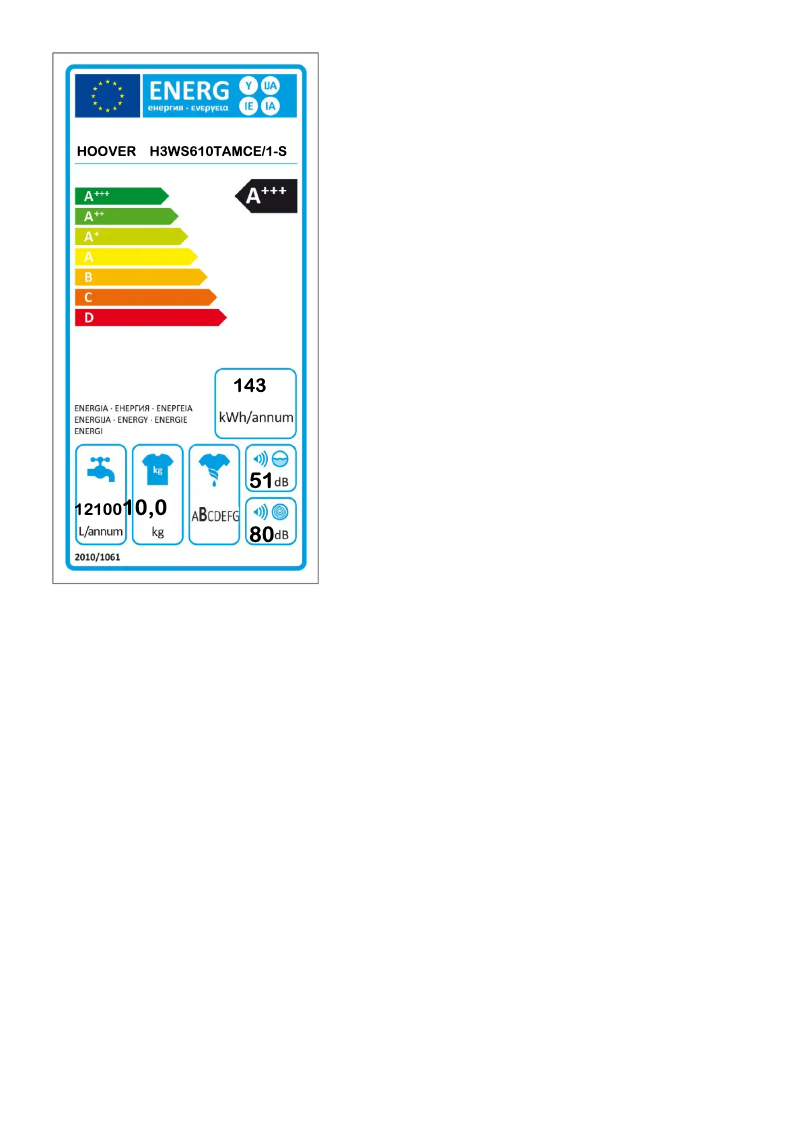Page n°1 - Label énergétique Hoover H3WS610TAMCE/1-S