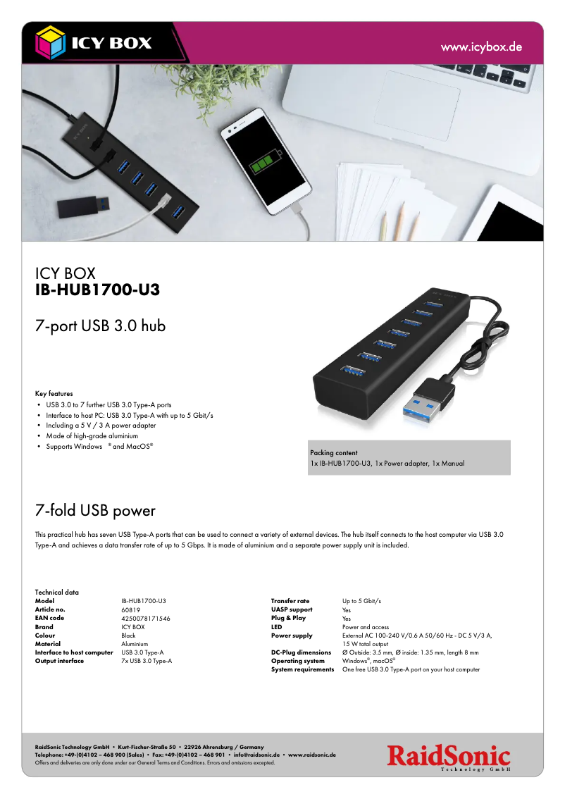 Página 1 del manual Ficha técnica Icy Box IB-HUB1700-U3