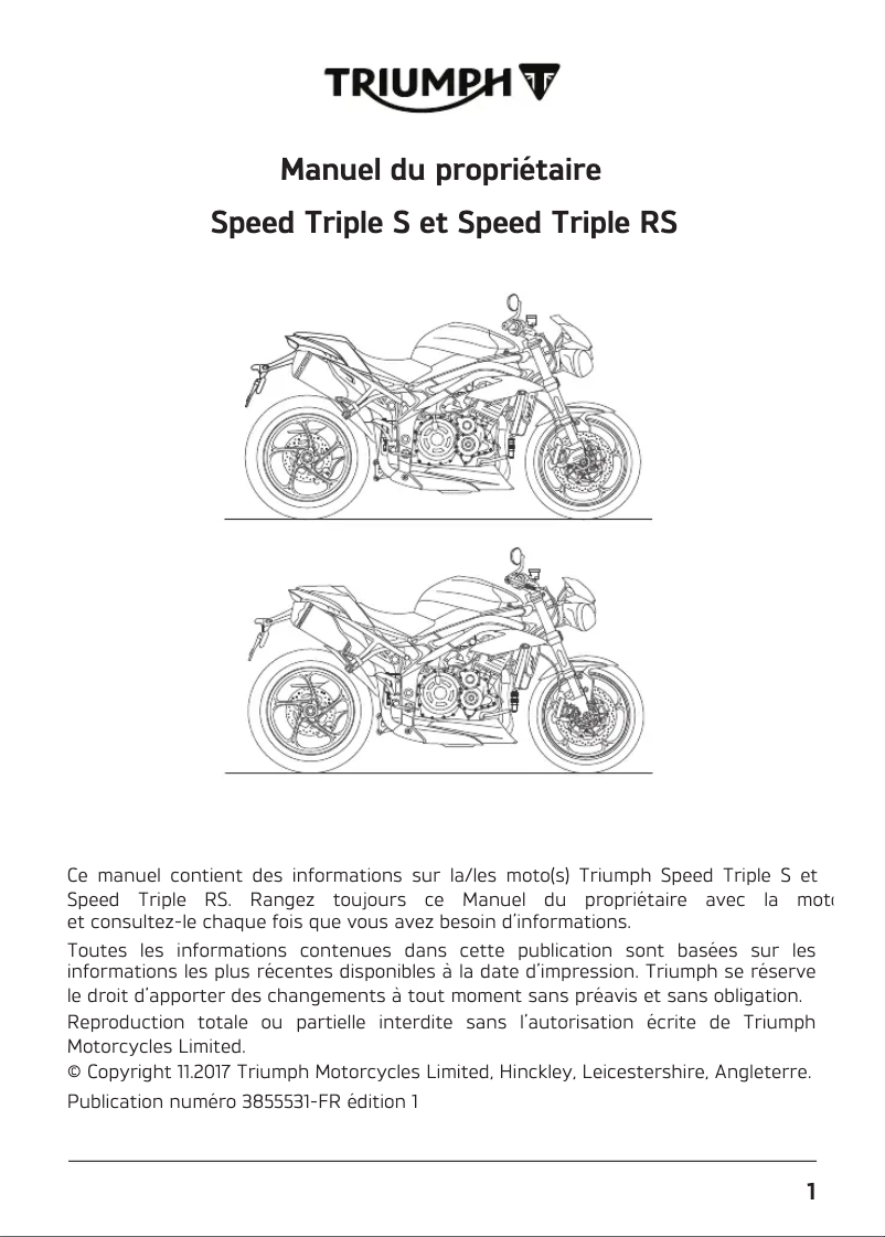 Image de la première page du manuel de l'appareil Speed Triple RS (2020)