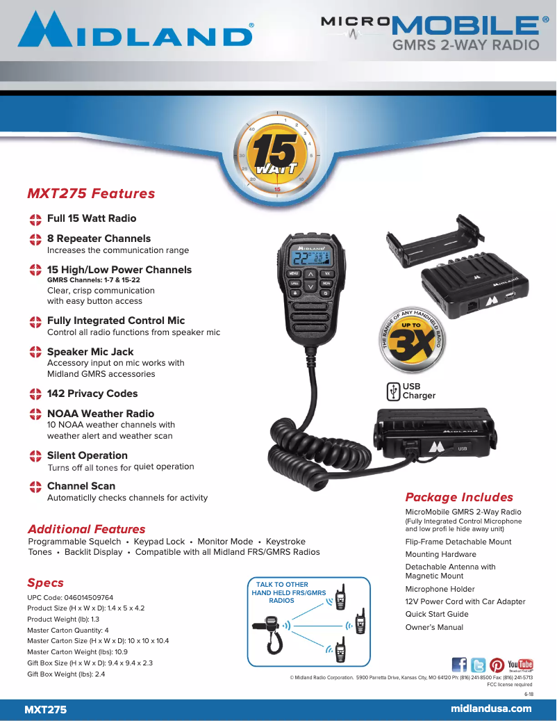 Page 1 de la notice Fiche technique Midland MicroMobile MXT275VP4