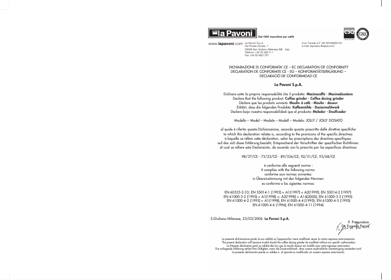 Page n°1 - Manuel utilisateur la Pavoni Jolly Dosato