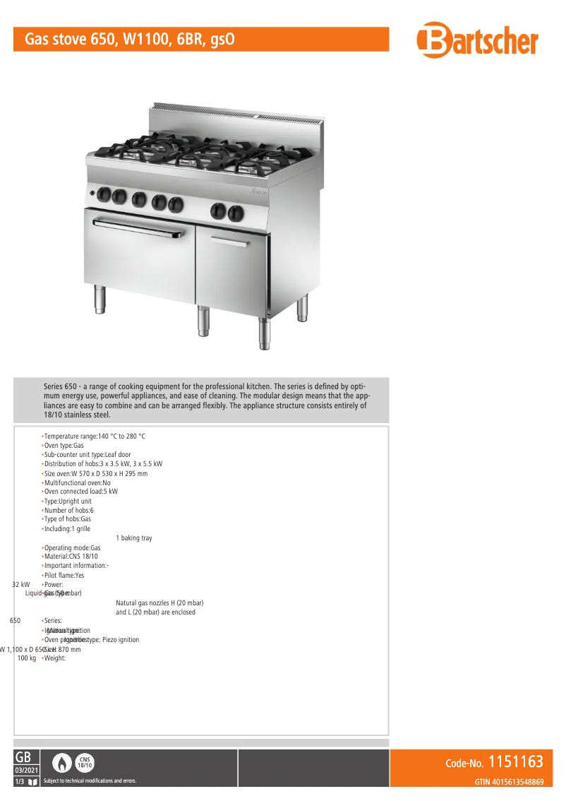Page n°1 - Fiche technique Bartscher 1151163