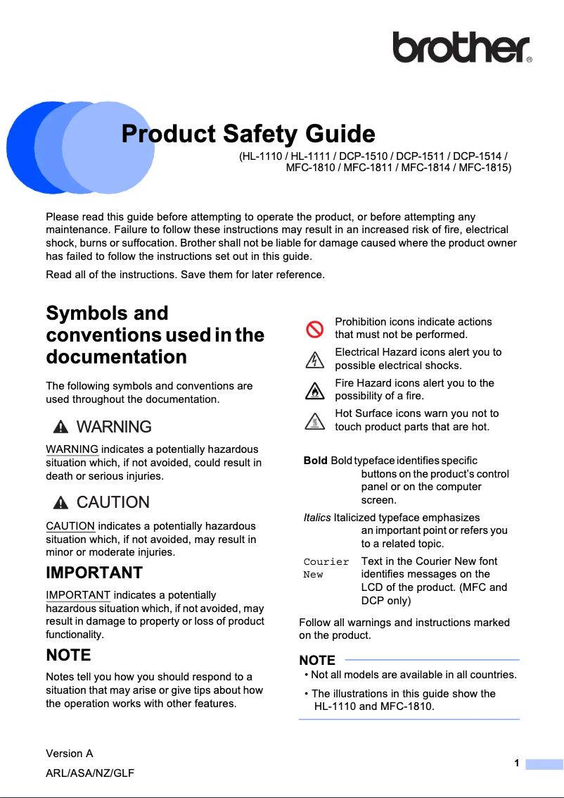 Page 1 de la notice Instructions de sécurité Brother DCP-1510