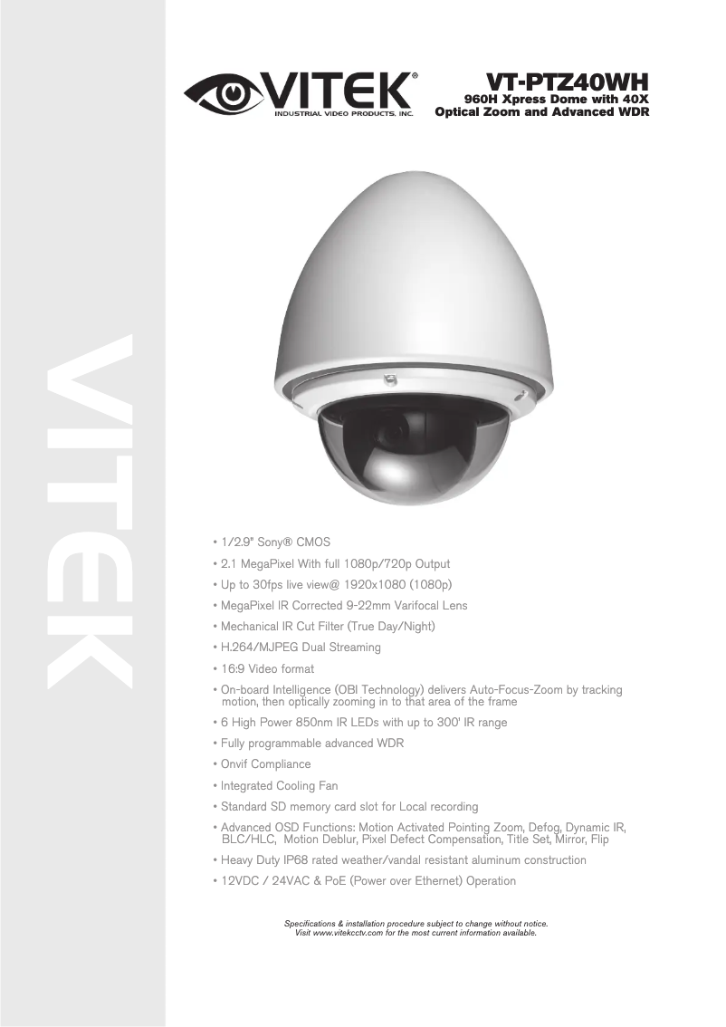 Page n°1 - Manuel utilisateur Vitek VT-PTZ40WH
