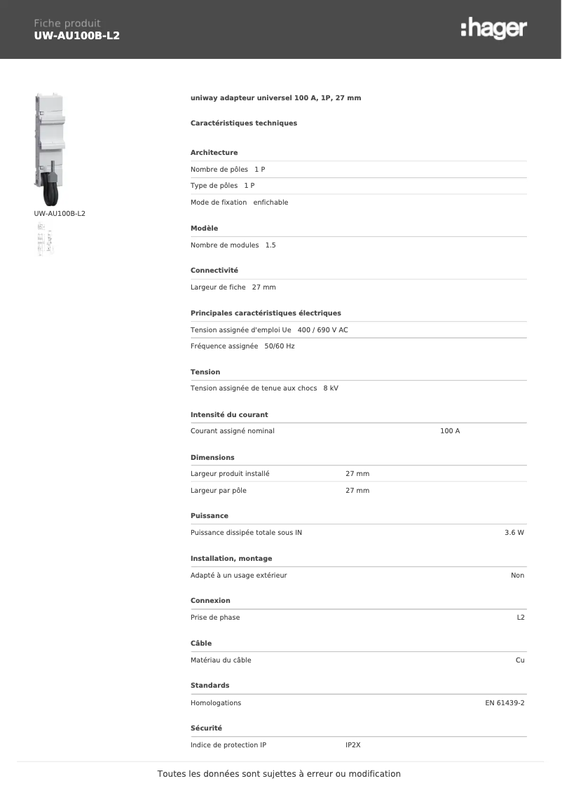 Página 1 del manual Manual de usuario Hager UW-AU100B-L2