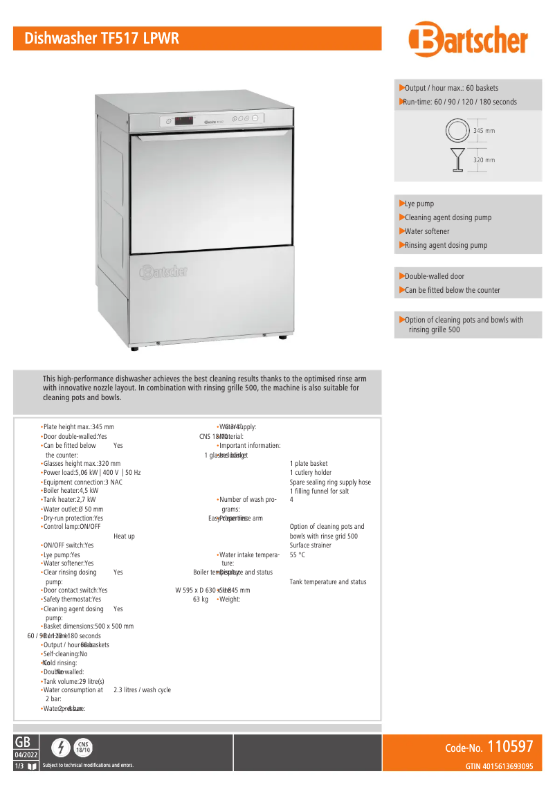 Page 1 de la notice Fiche technique Bartscher TF517 LPWR