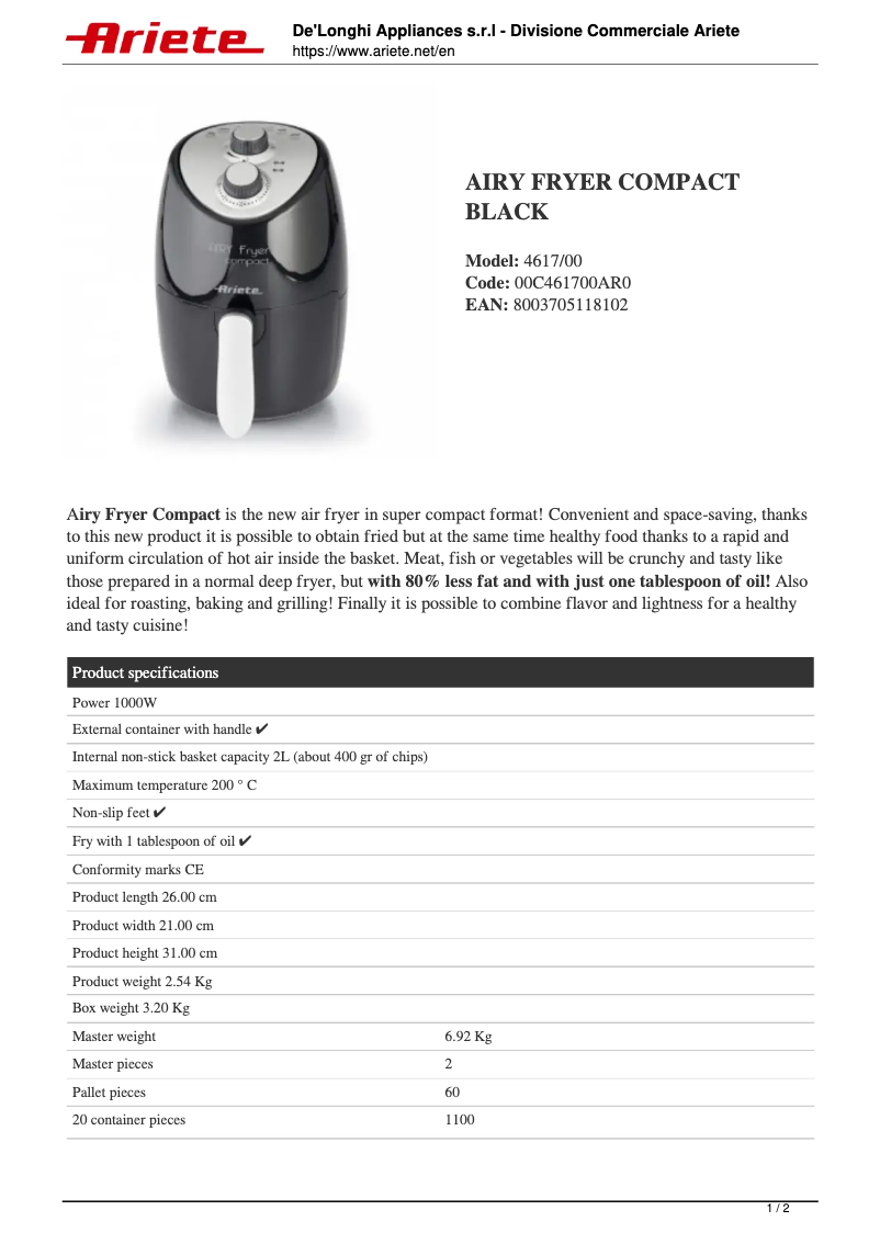 Page 1 de la notice Fiche technique Ariete Airy Fryer Compact 4617