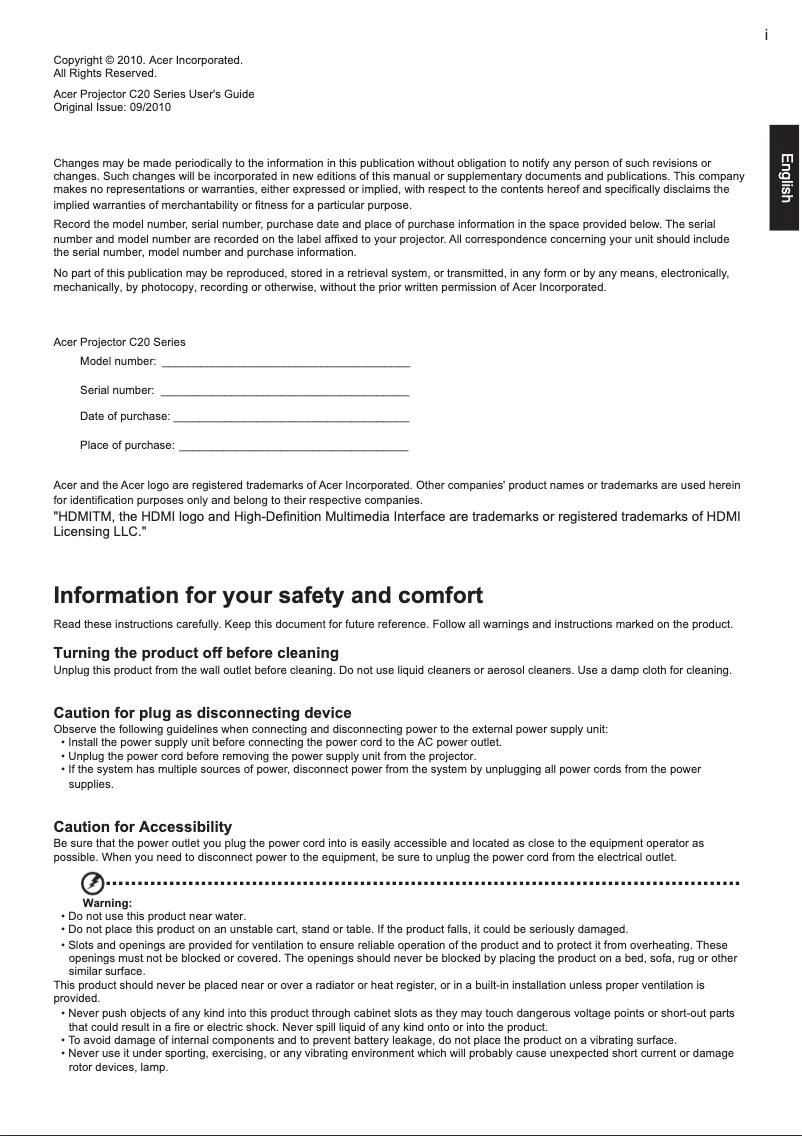 Página 1 del manual Manual de usuario Acer Pico C20