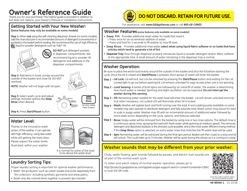 Page n°1 - Manuel utilisateur GE GTW490ACJWW