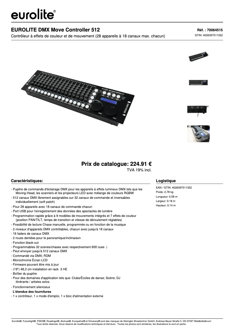 Page 1 de la notice Fiche technique Eurolite DMX Move Control 512
