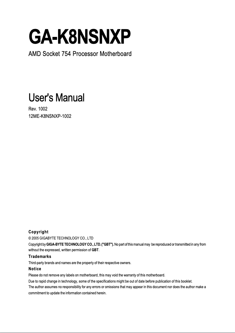 Image de la première page du manuel de l'appareil GA-K8NSNXP