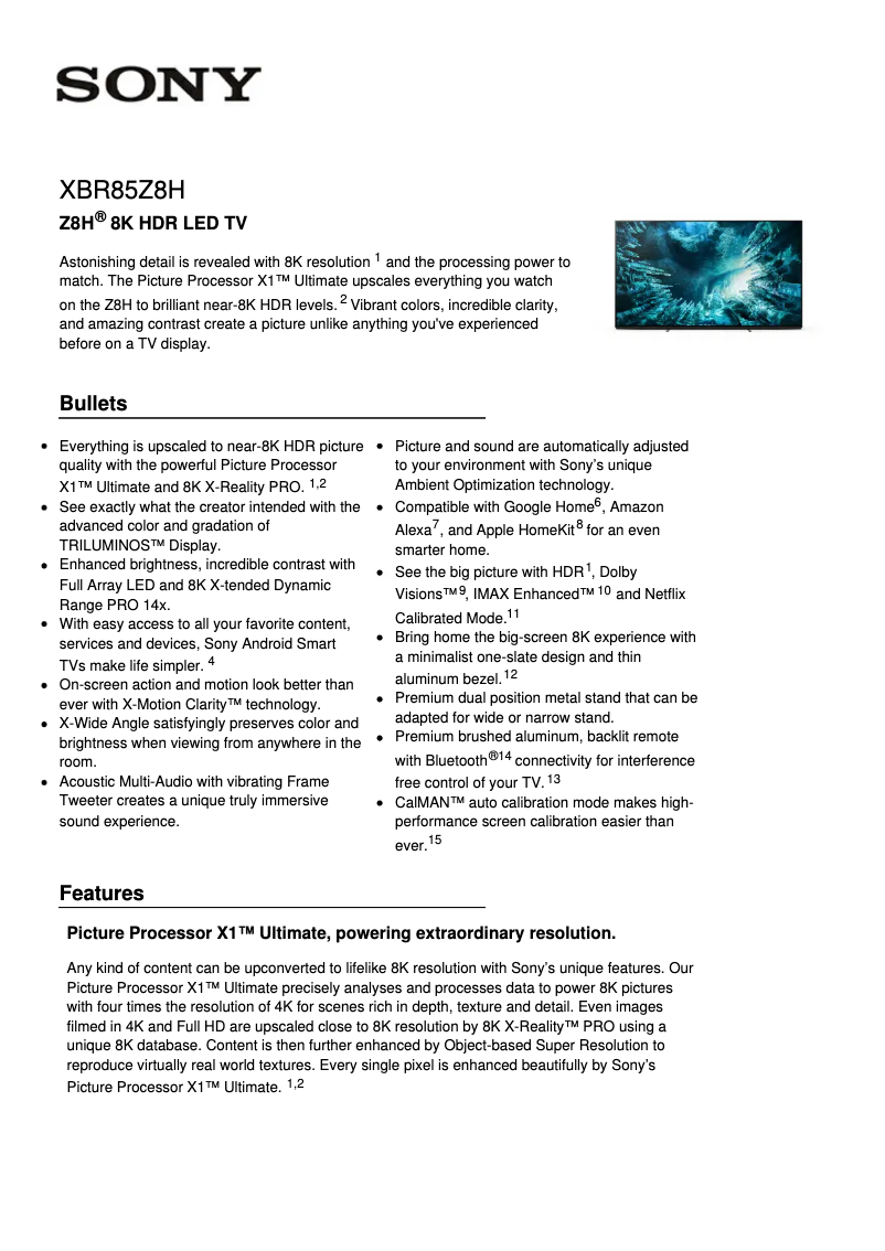 Page 1 de la notice Fiche technique Sony XBR-85Z8H