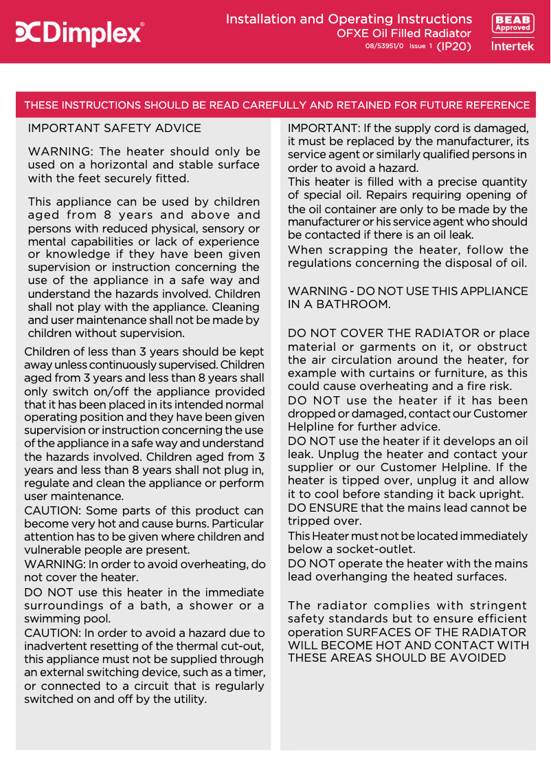Page n°1 - Manuel utilisateur Dimplex OFX075E