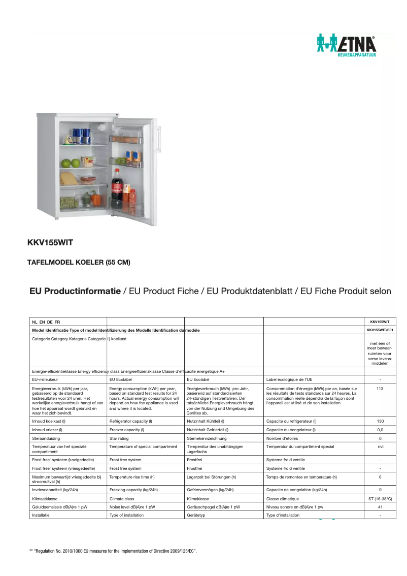 Page 1 de la notice Fiche technique Etna KKV155WIT