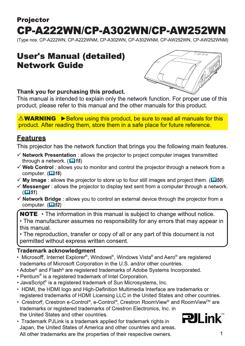 Page n°1 - Manuel utilisateur Hitachi CP-A222WNM