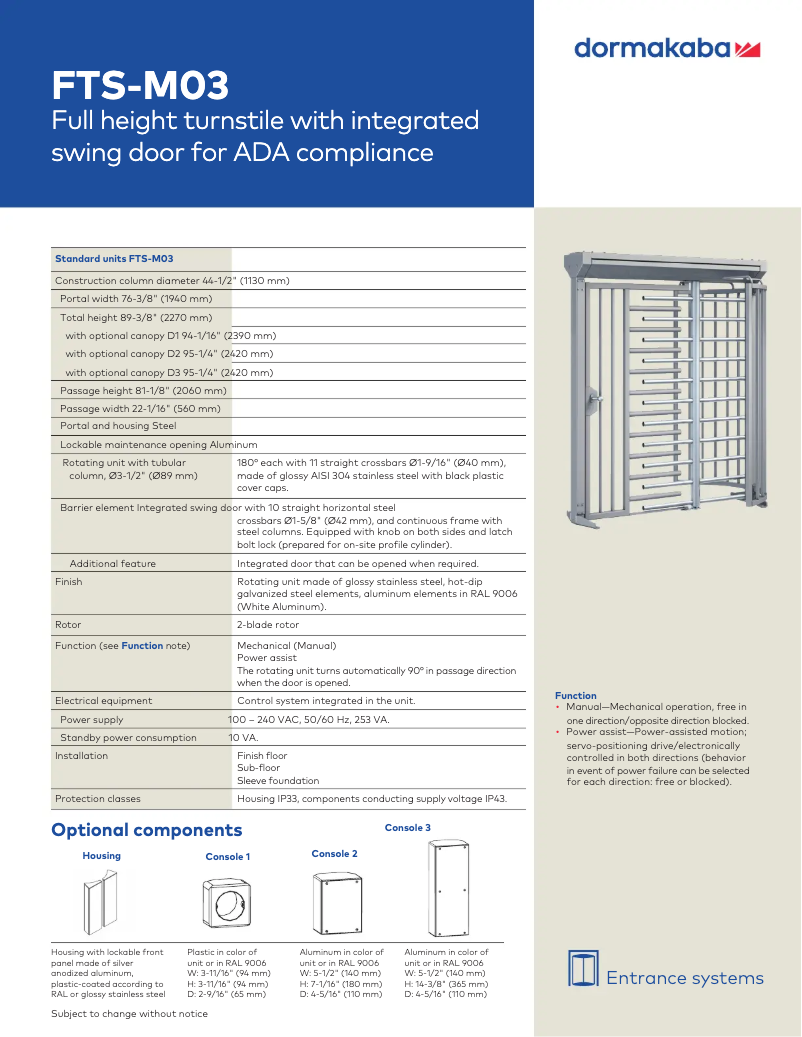 Page 1 de la notice Manuel utilisateur Dormakaba FTS-M03