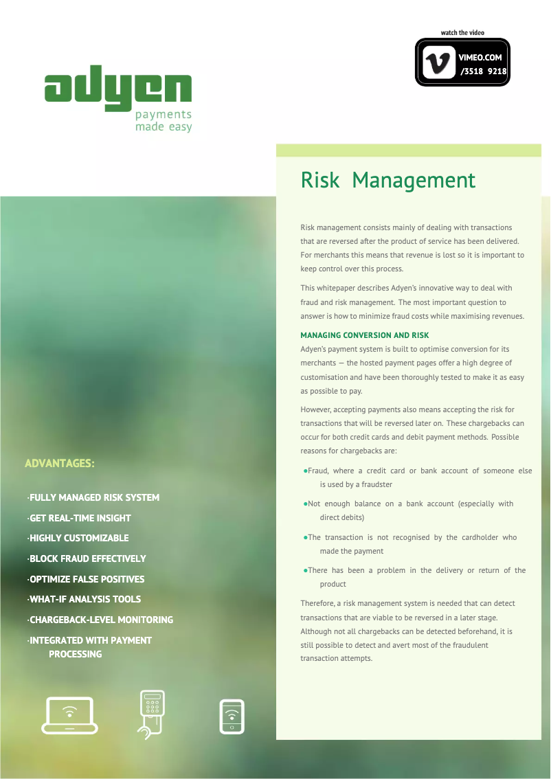 Page 1 de la notice Manuel utilisateur Adyen Risk Management