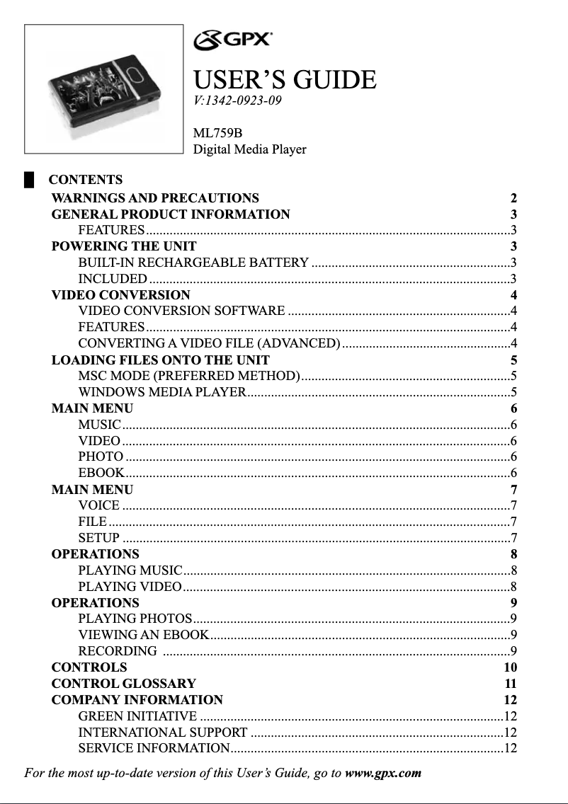 Page 1 de la notice Manuel utilisateur GPX ML759B