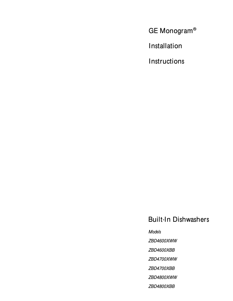 Page n°1 - Guide d'installation GE ZBD4700XBB
