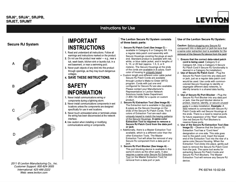 Page 1 de la notice Manuel utilisateur Leviton SRJET
