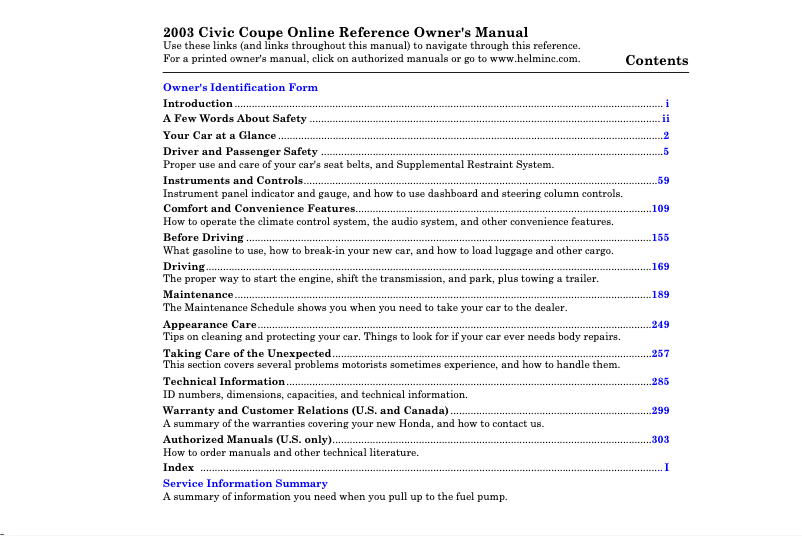Page 1 de la notice Manuel utilisateur Honda Civic Sedan (2003)