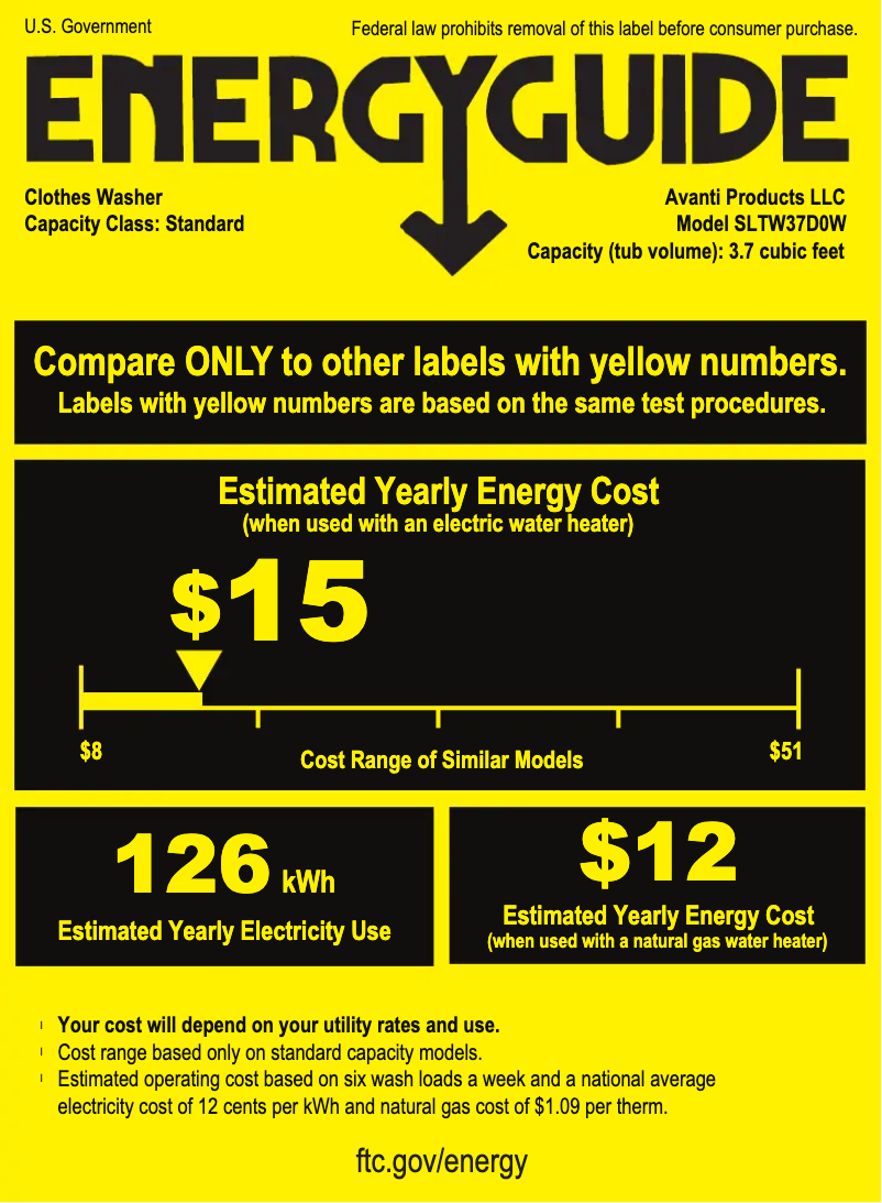 Page 1 de la notice Label énergétique Avanti SLTW37D0W