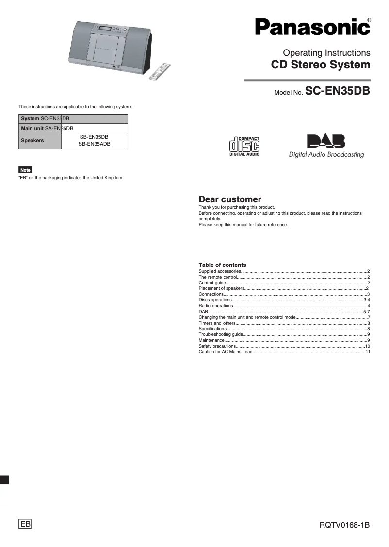 Page 1 de la notice Manuel utilisateur Panasonic SC-EN35DB