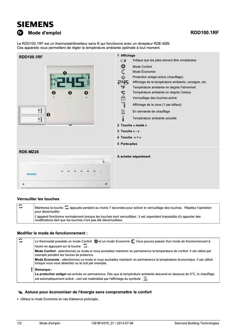 Page 1 de la notice Manuel utilisateur Siemens RDD100.1RF