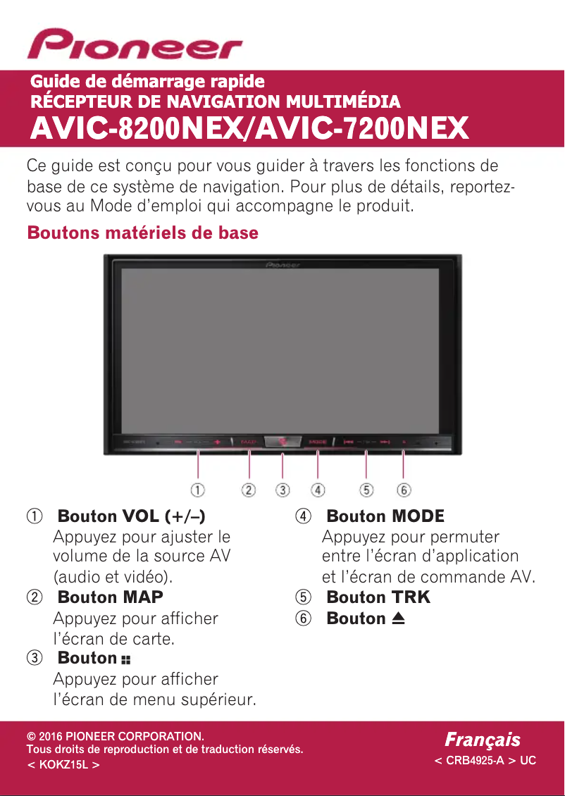 Page 1 de la notice Guide de démarrage rapide Pioneer AVIC-7200NEX