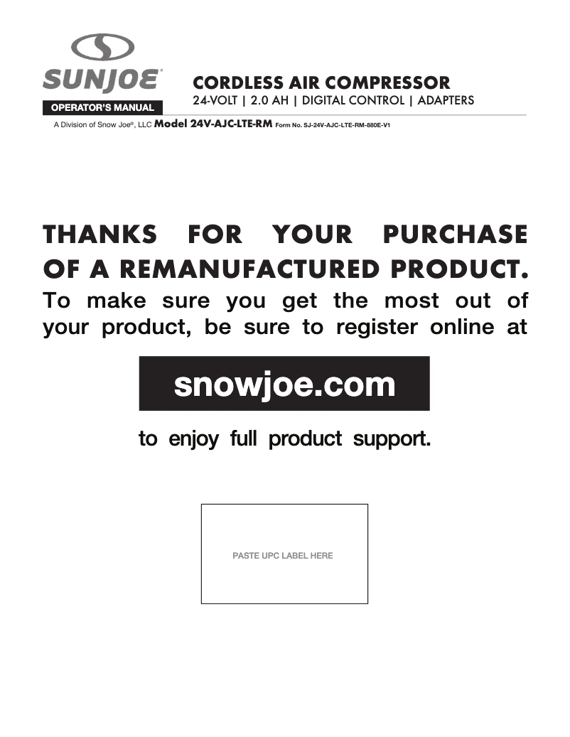 Page 1 de la notice Manuel utilisateur Sun Joe 24V-AJC-LTE-BLK-RM