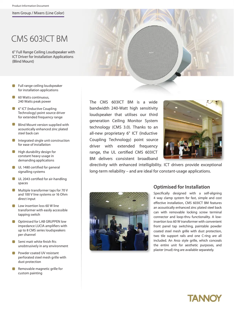 Page 1 de la notice Fiche technique Tannoy CMS 603ICT BM