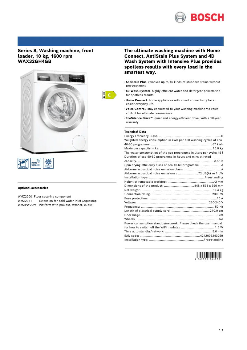 Página 1 del manual Ficha técnica Bosch WAX32GH4GB