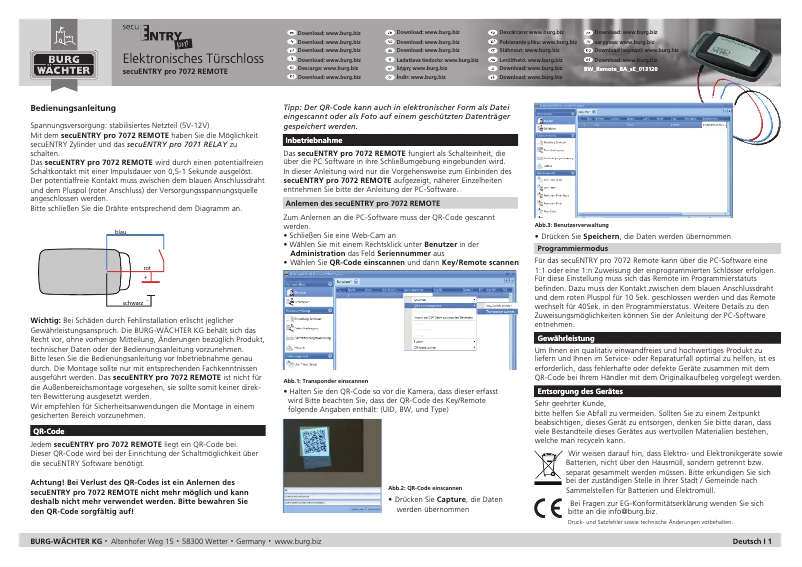 Page 1 de la notice Manuel utilisateur Burg Wächter ENTRYpro 7072 REMOTE