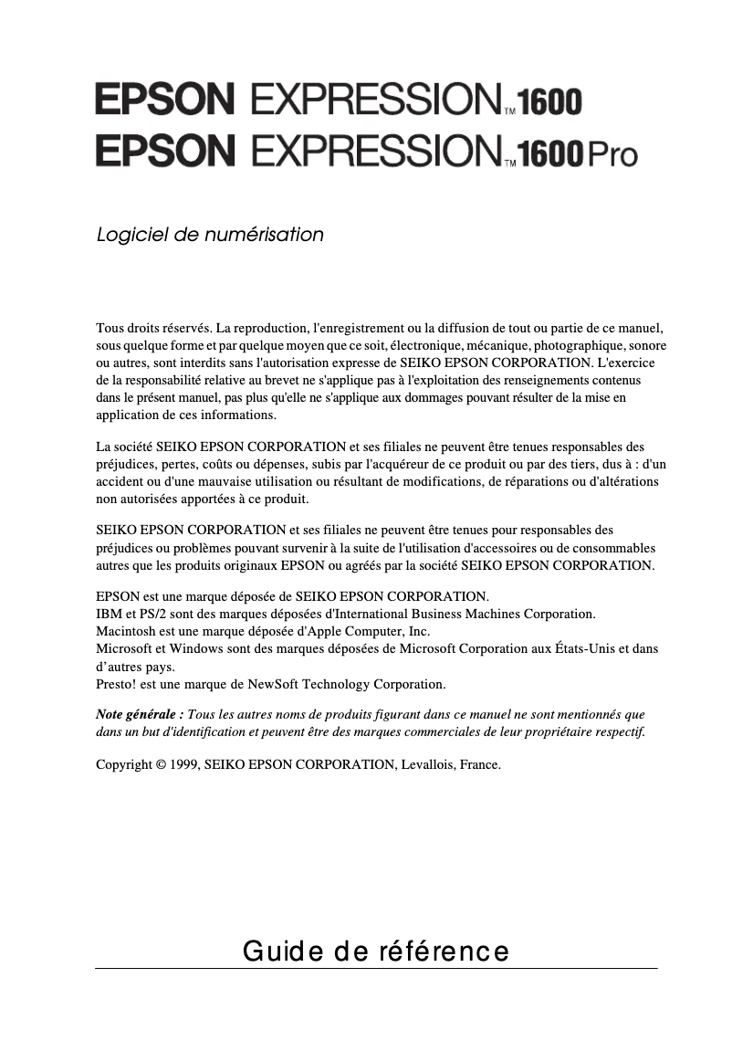 Image de la première page du manuel de l'appareil Expression1600 Pro