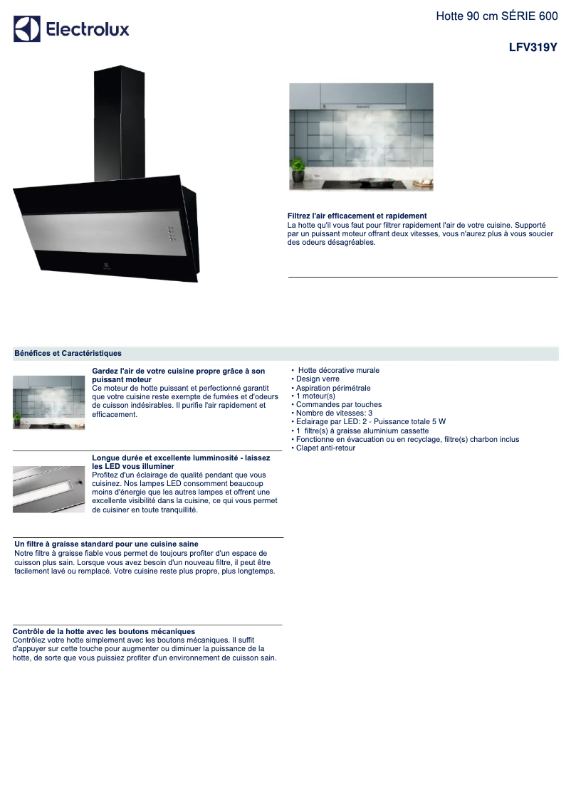 Page 1 de la notice Fiche technique Electrolux LFV319Y