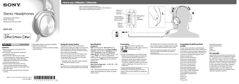 Page n°1 - Manuel utilisateur Sony MDR-X05