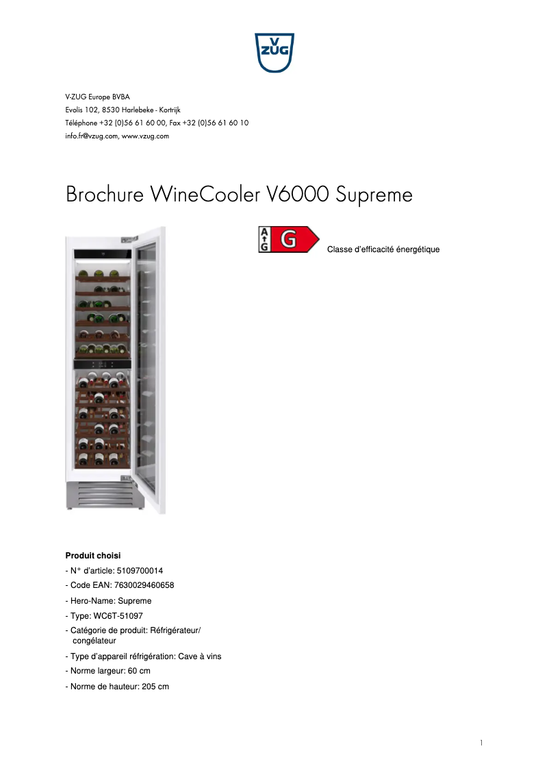 Page n°1 - Brochure V-Zug WineCooler V6000 Supreme