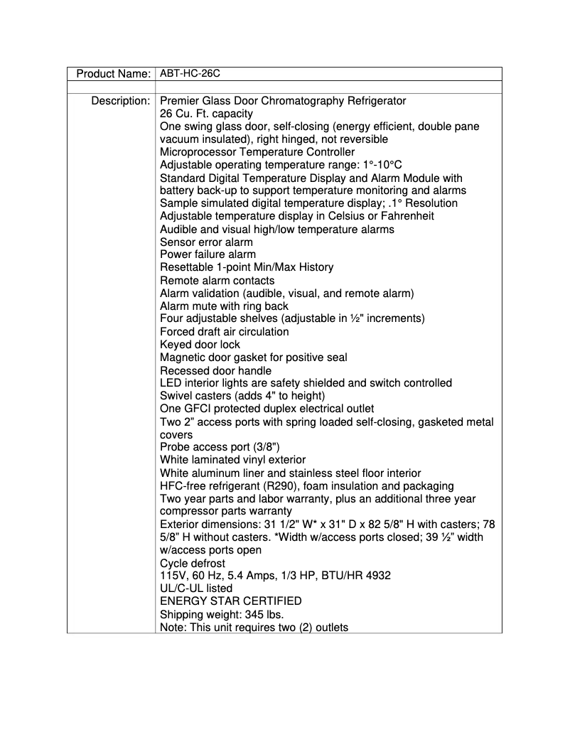 Page n°1 - Fiche technique American BioTech Supply ABT-HC-26C