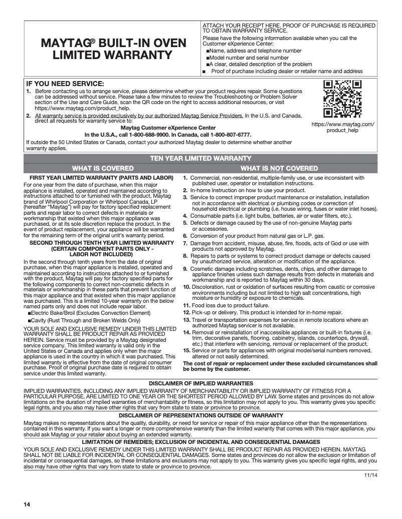 Page n°1 - Informations de garantie Maytag MEW9527FZ