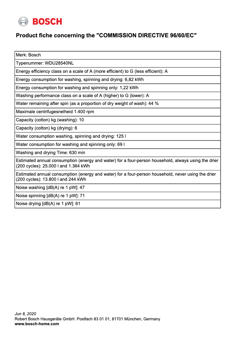 Page 1 de la notice Mode d'emploi Bosch WDU28540NL