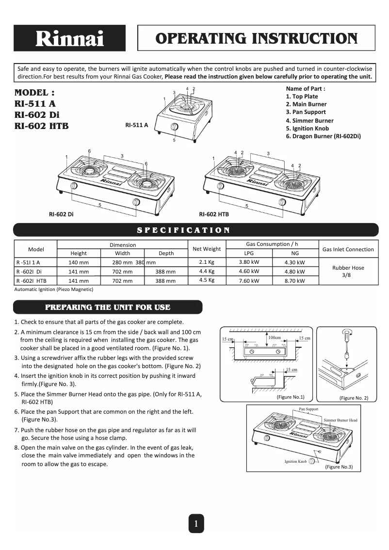 Page 1 de la notice Manuel utilisateur Rinnai RI-602HTB-S