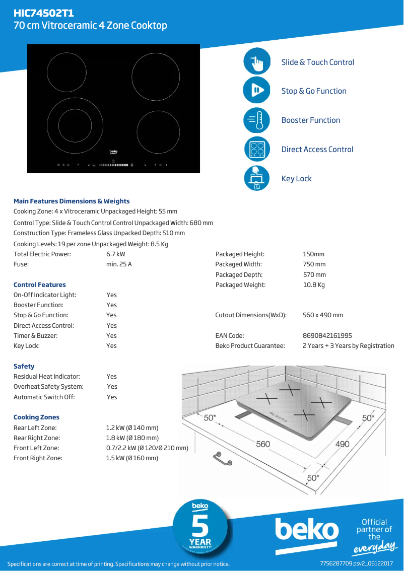 Page 1 de la notice Fiche technique Beko HIC74502T1