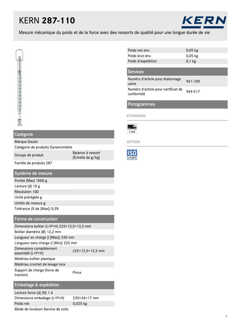 Page 1 de la notice Fiche technique Kern 287-110
