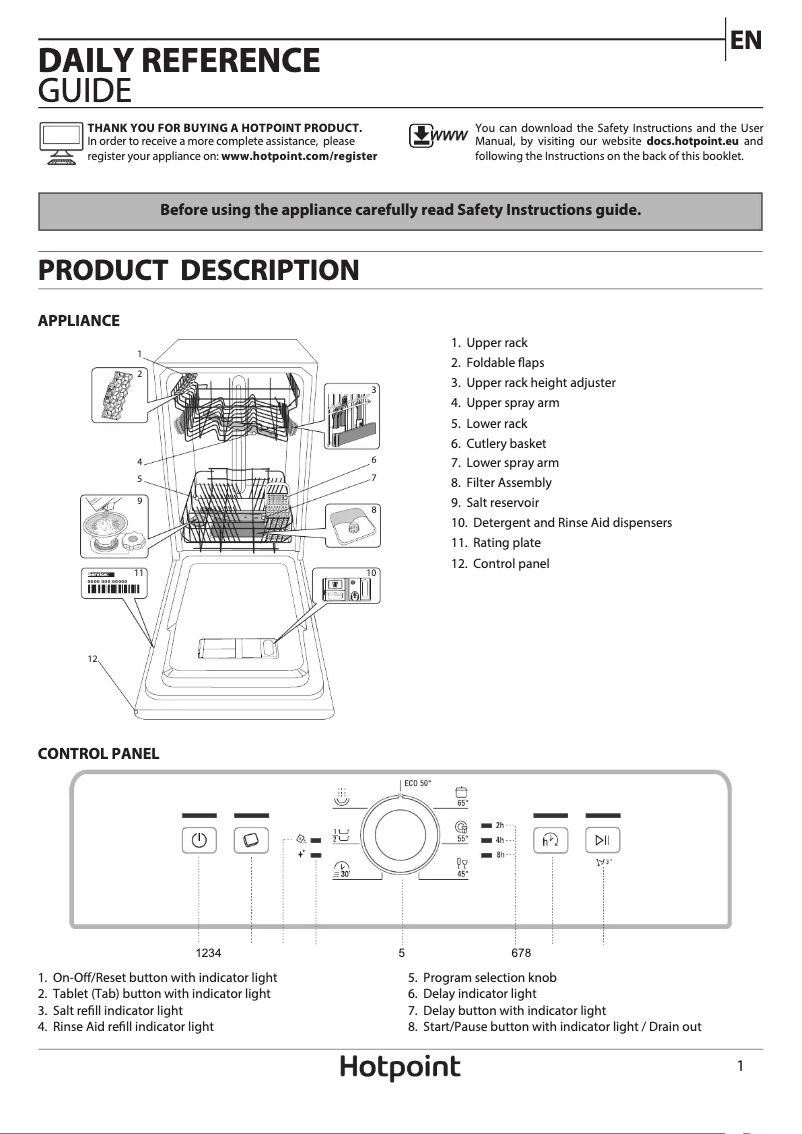 Page 1 de la notice Manuel utilisateur Hotpoint HSFE 1B19 UK N