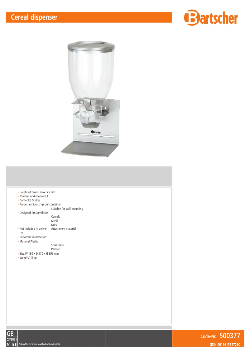 Page n°1 - Fiche technique Bartscher 500377