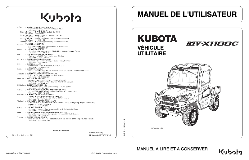 Page 1 de la notice Manuel utilisateur Kubota RTV-X1120D
