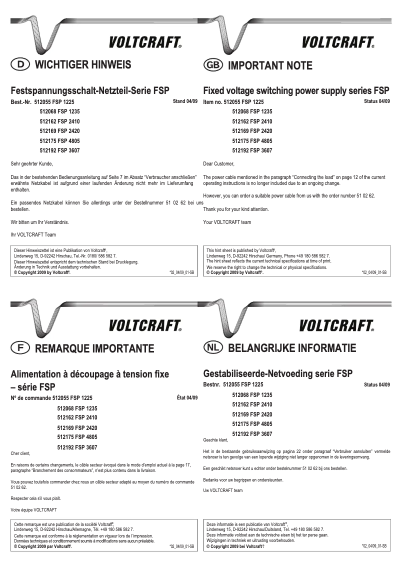 Page 1 de la notice Manuel utilisateur Voltcraft FSP 2410