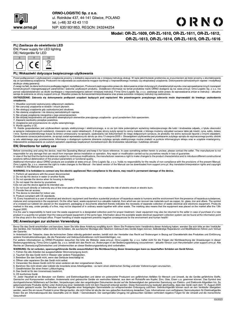 Image de la première page du manuel de l'appareil OR-ZL-1616