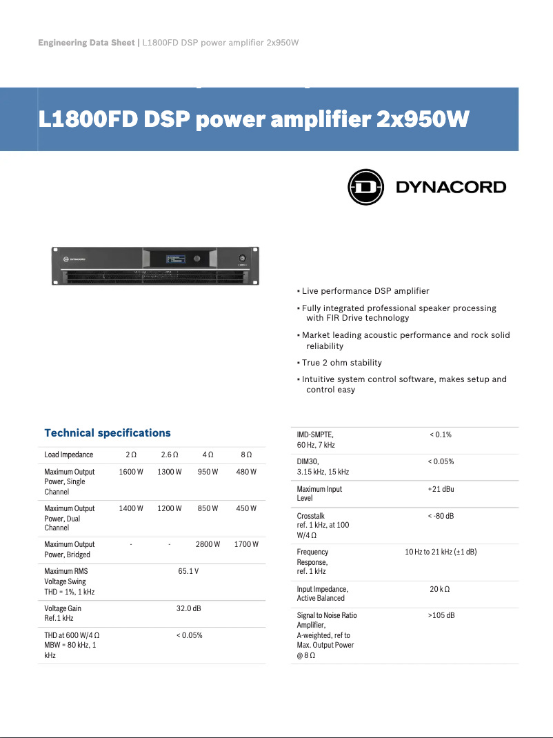 Page 1 de la notice Fiche technique Dynacord L1800FD DSP