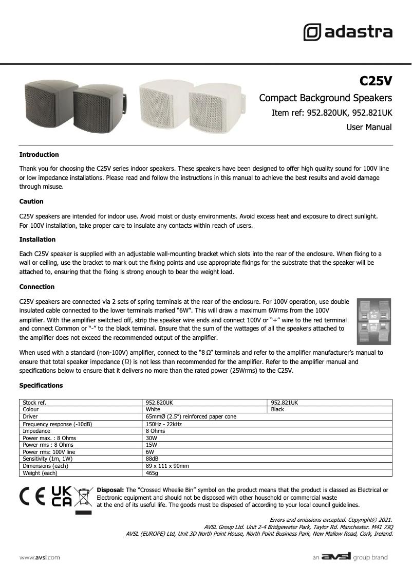 Page 1 de la notice Manuel utilisateur Adastra C25V